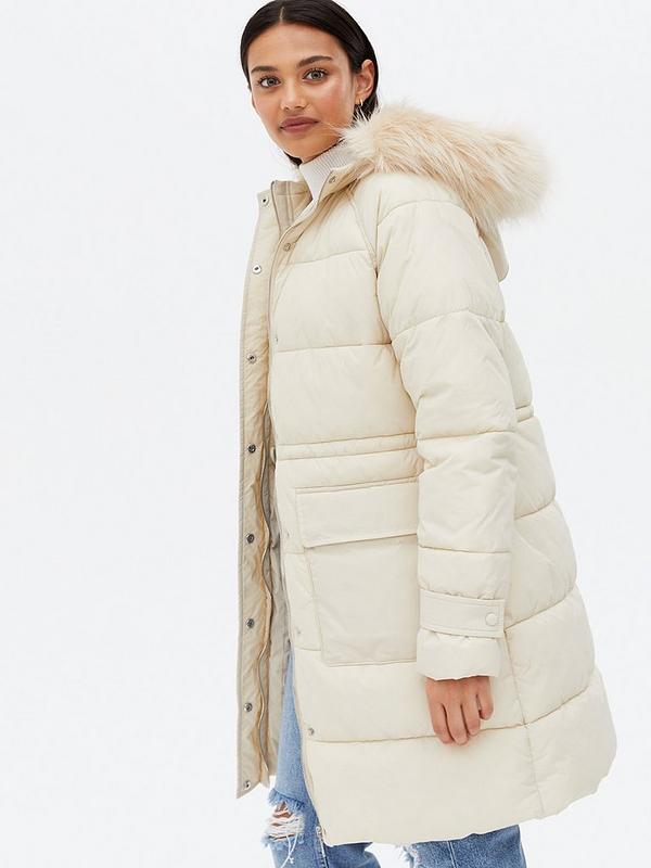 New Look Faux Fur Hooded Mid Length, New Look Faux Fur Coat In Cream