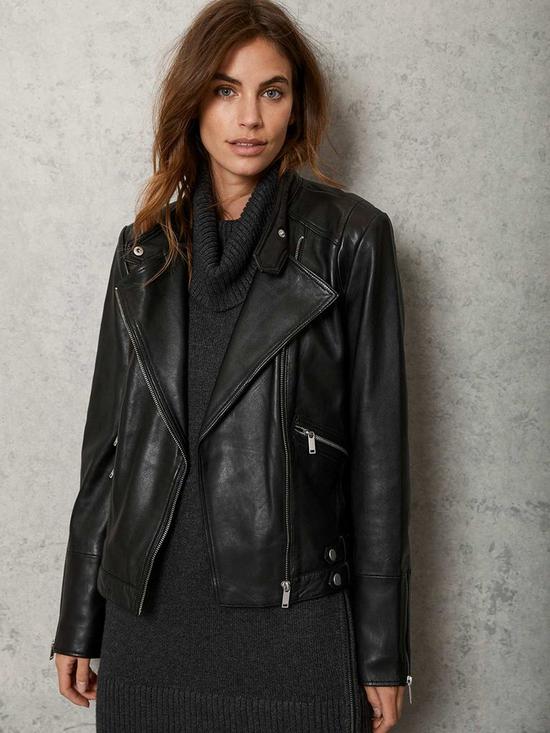 front image of mint-velvet-fitted-biker-leather-jacket-black