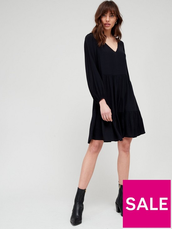 front image of v-by-very-v-neck-tiered-mini-dress-black