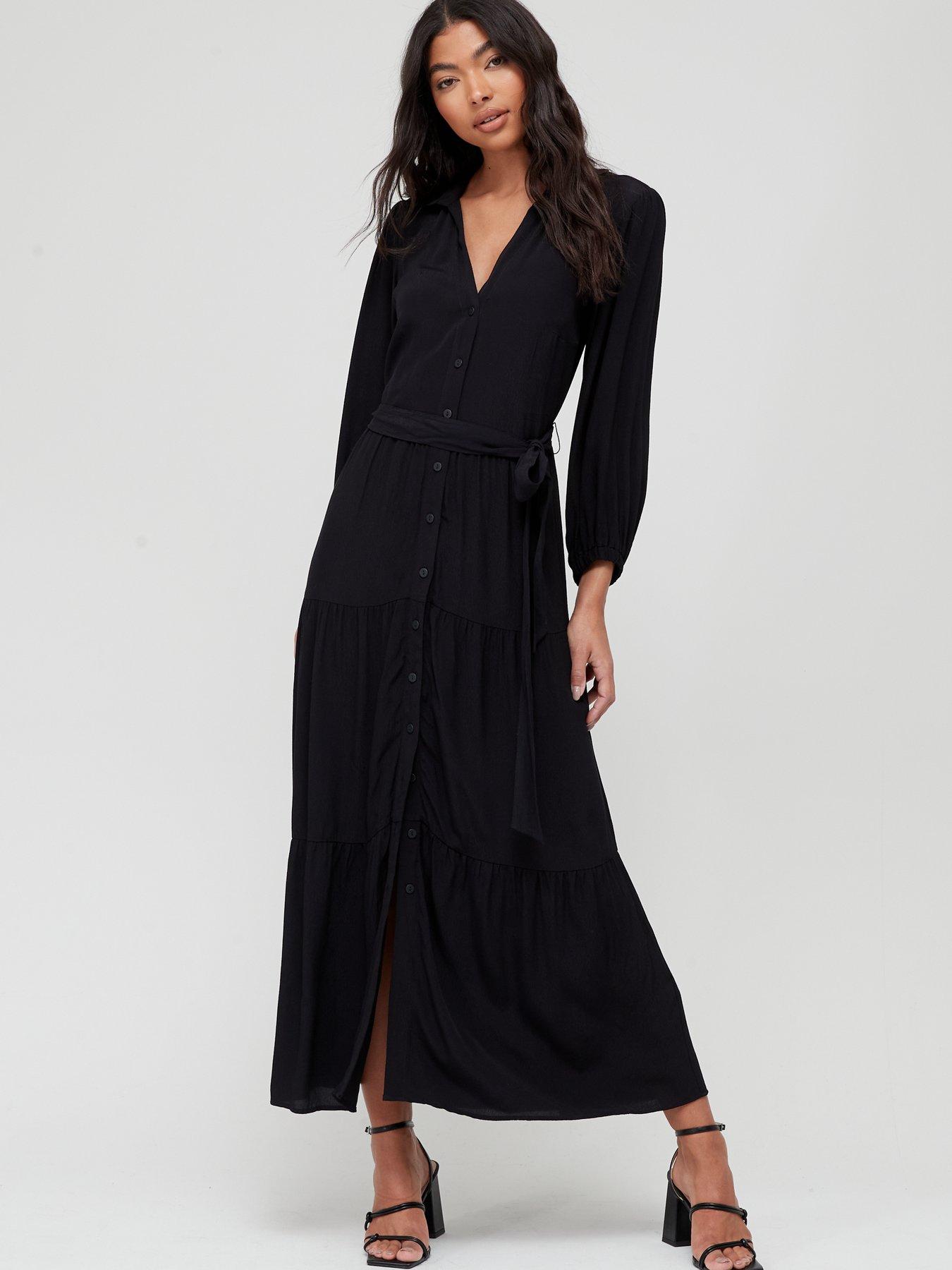 Women Button Through Tiered Midi Dress - Black