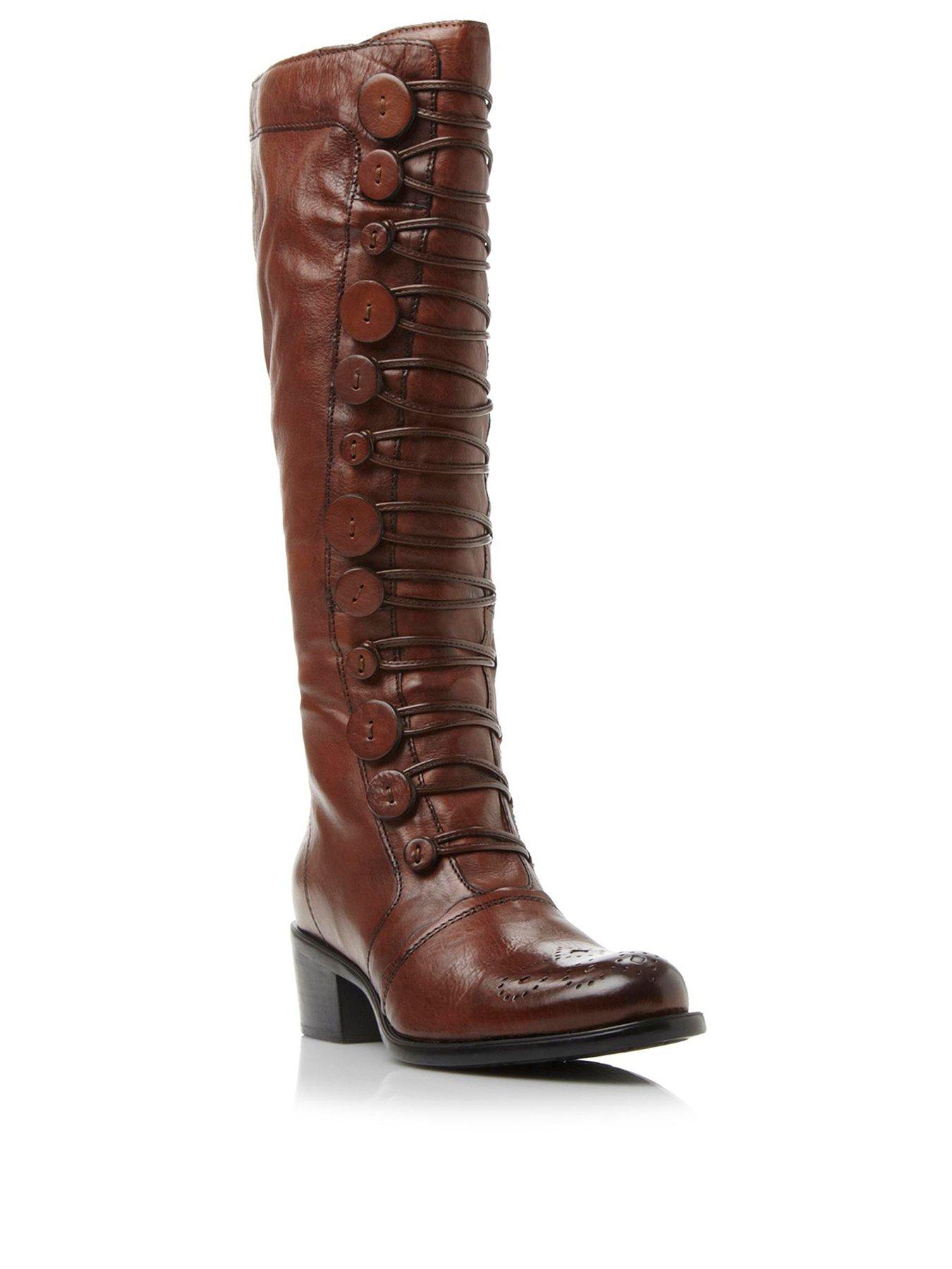  Pixied Button Detail Leather Knee High Boot - Tan