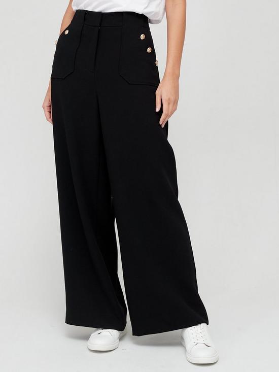front image of v-by-very-button-detail-wide-leg-trouser-black