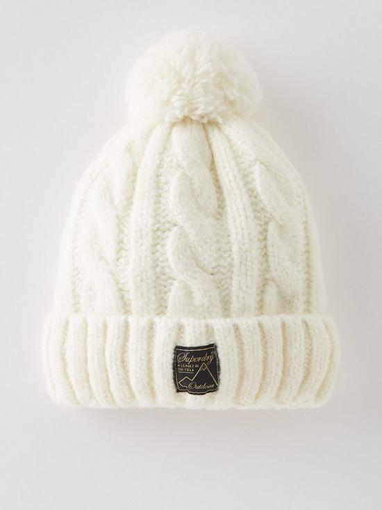 front image of superdry-tweed-cable-beanie-white