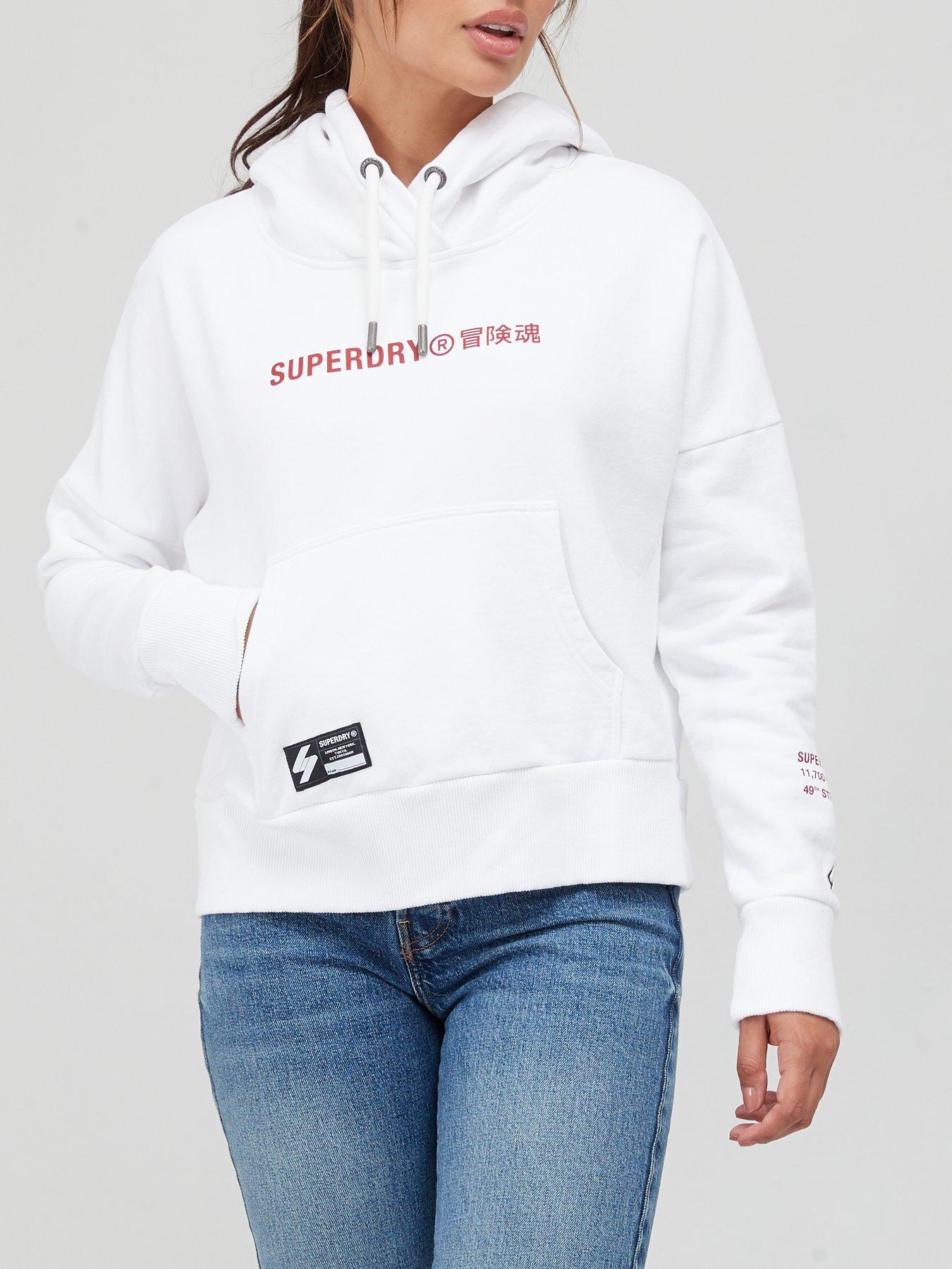 Women 100% Cotton Superdry Logo Crop Hoodie - White