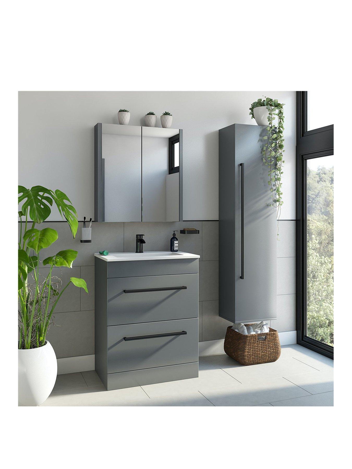 Product photograph of Orchard Bathrooms By Victoria Plum Derwent Grey With Black Handle Vanity Unit 600mm With Mirror Cabinet And Tall Storage Unit from very.co.uk