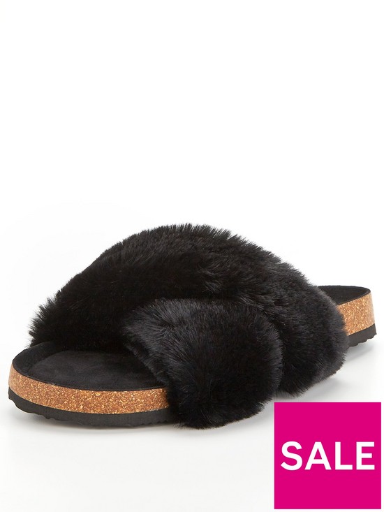 stillFront image of v-by-very-faux-fur-footbed-slippers-black