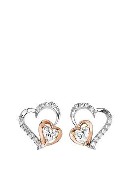 the love silver collection sterling silver & rose gold plated double heart cubic zirconia stud earrings