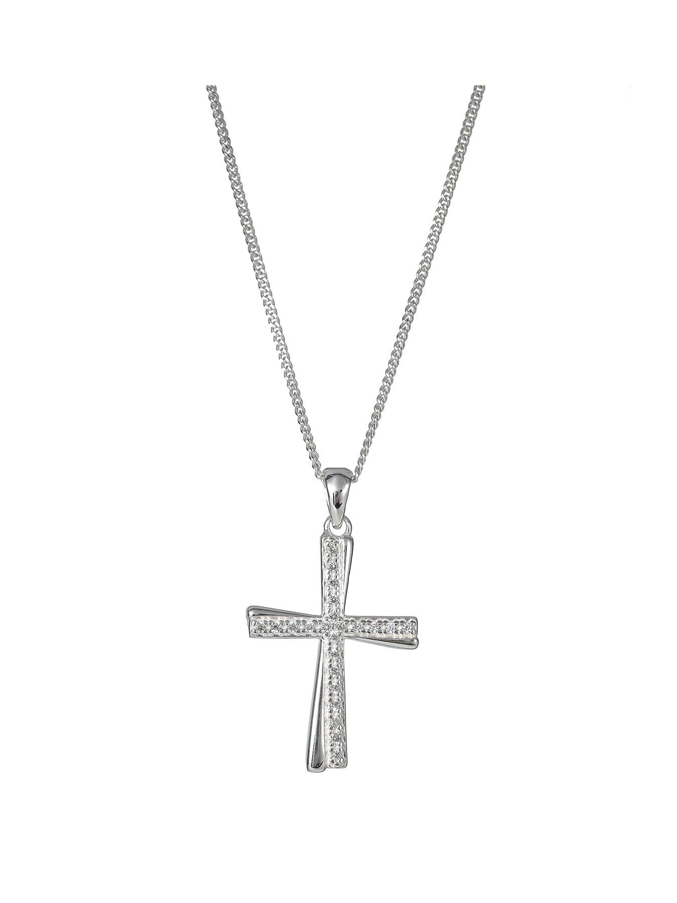 Product photograph of The Love Silver Collection Sterling Silver Cubic Zirconia Cross Pendant 18 Inch Curb Chain from very.co.uk