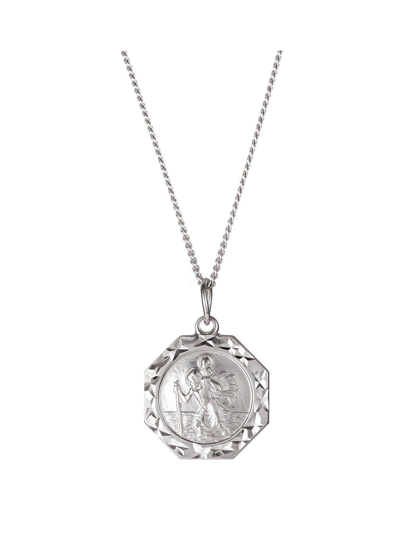 Women Sterling Silver Octagon St. Christopher Pendant 18 Inch Curb Chain