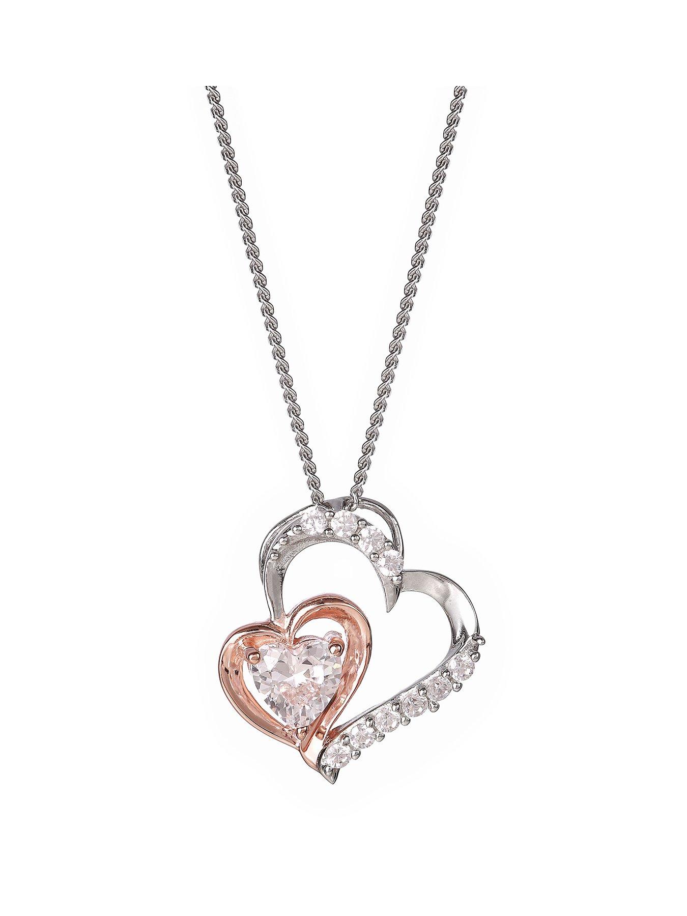 Women Sterling Silver & Rose Gold Plated Double Heart Cubic Zirconia Pendant 16+2 inch Curb Chain