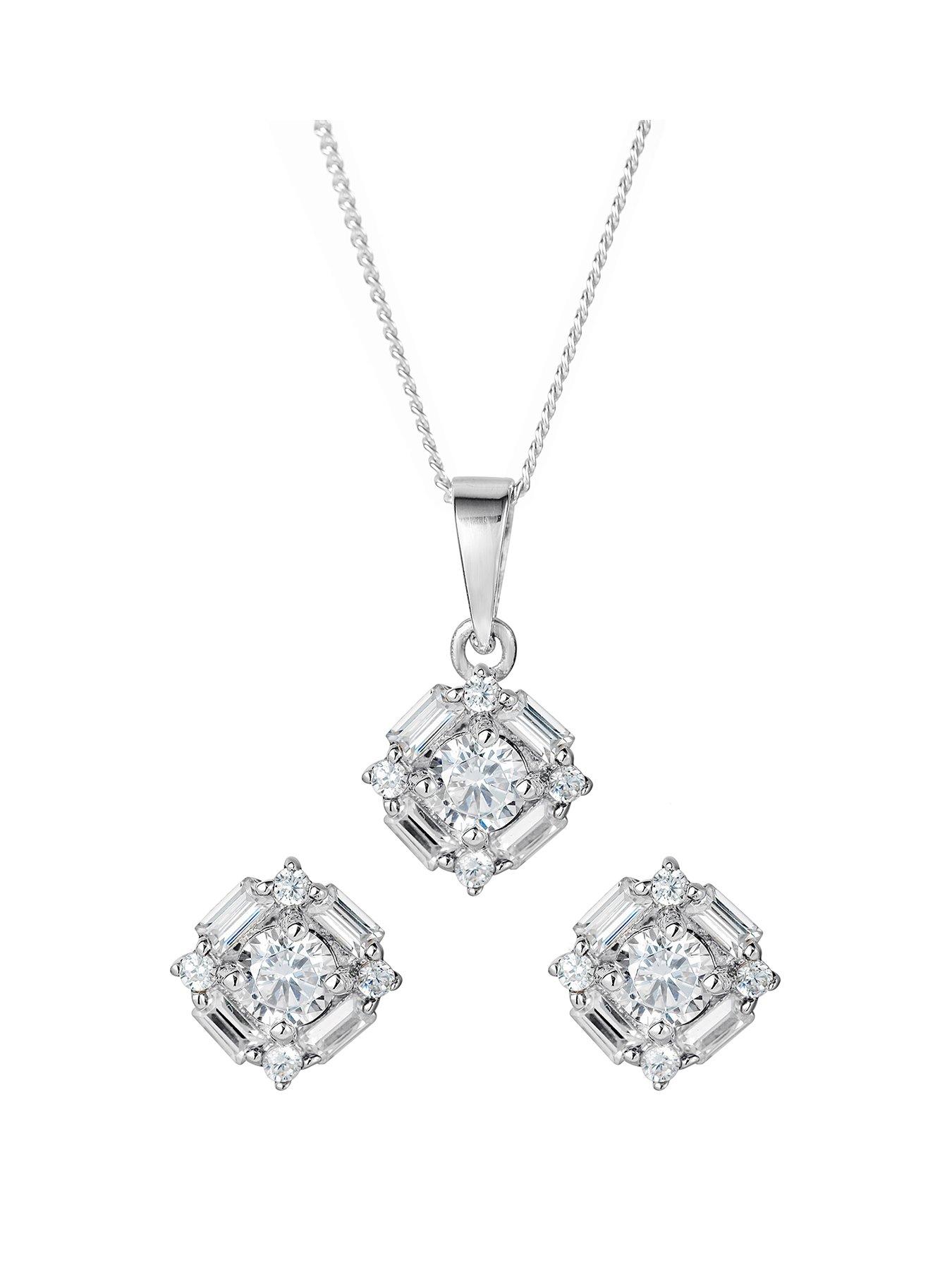 Product photograph of The Love Silver Collection Sterling Silver Mixed Cut Cubic Zirconia Stud Earring Amp Pendant Set from very.co.uk