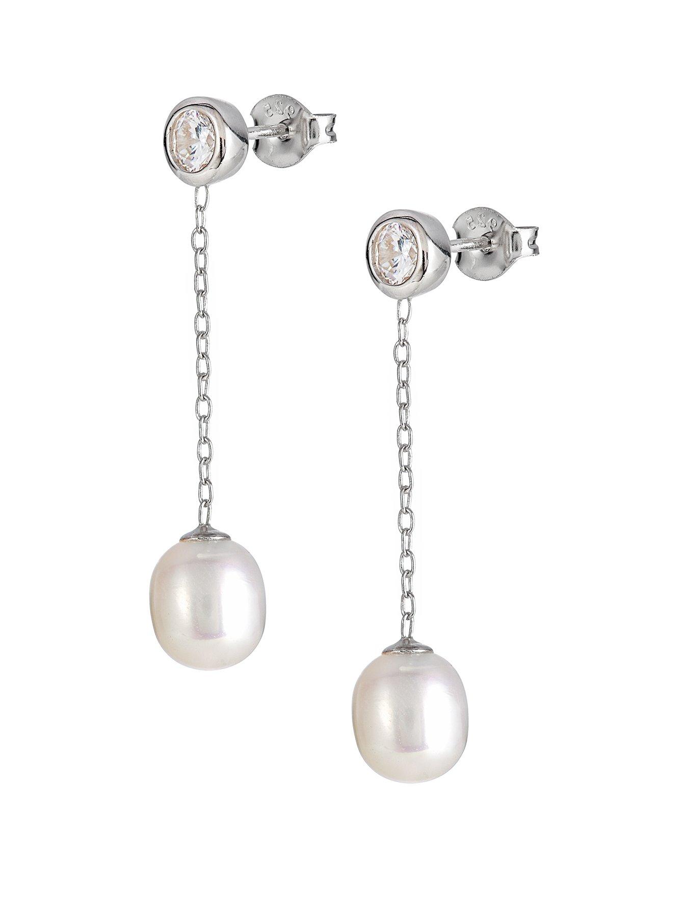 Women Sterling Silver Oval Freshwater Pearl Cubic Zirconia Long Drop Stud Earrings