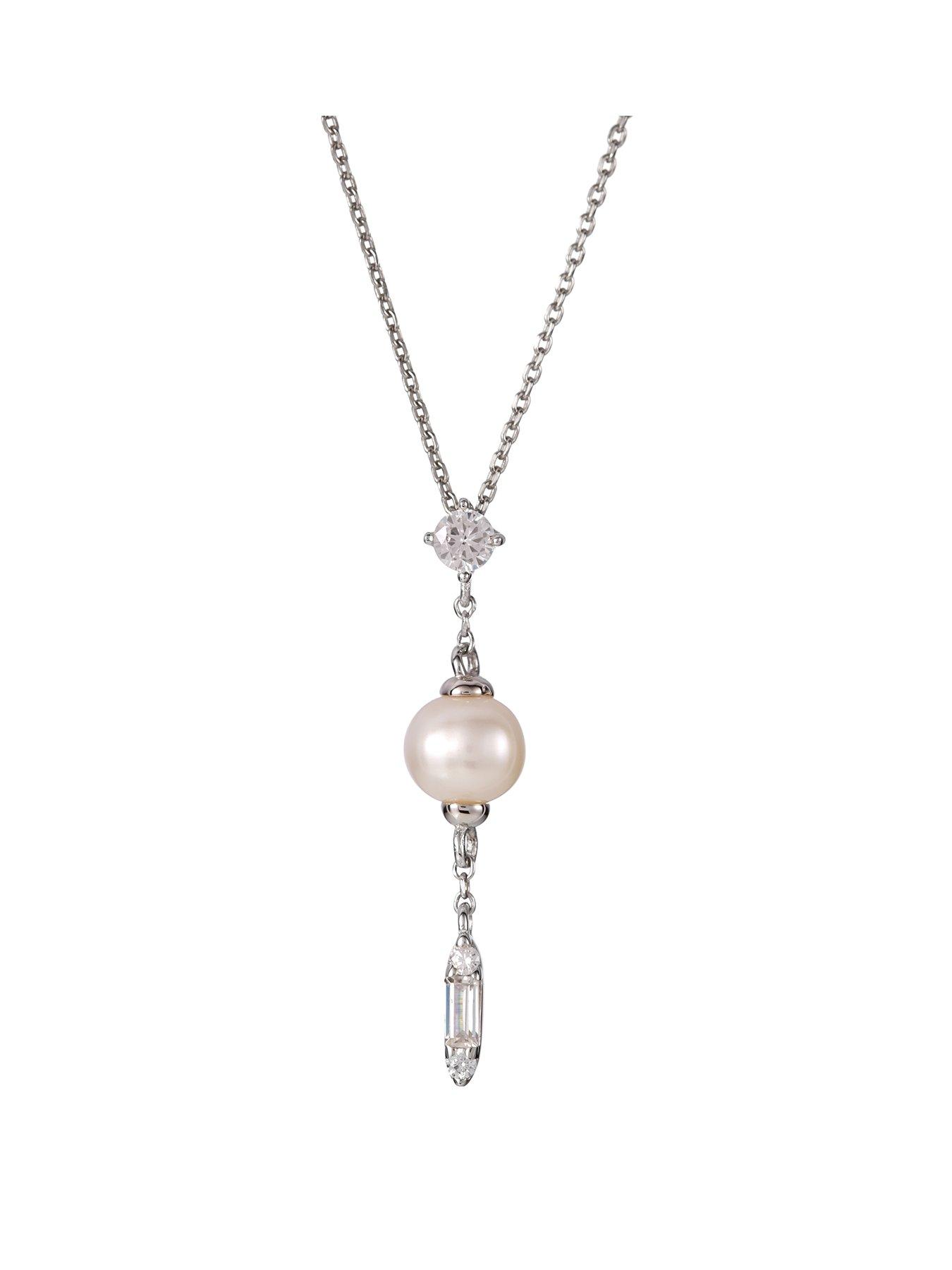  Sterling Silver Freshwater Pearl Cubic Zirconia Lariat Drop Necklace 16+2 Inches