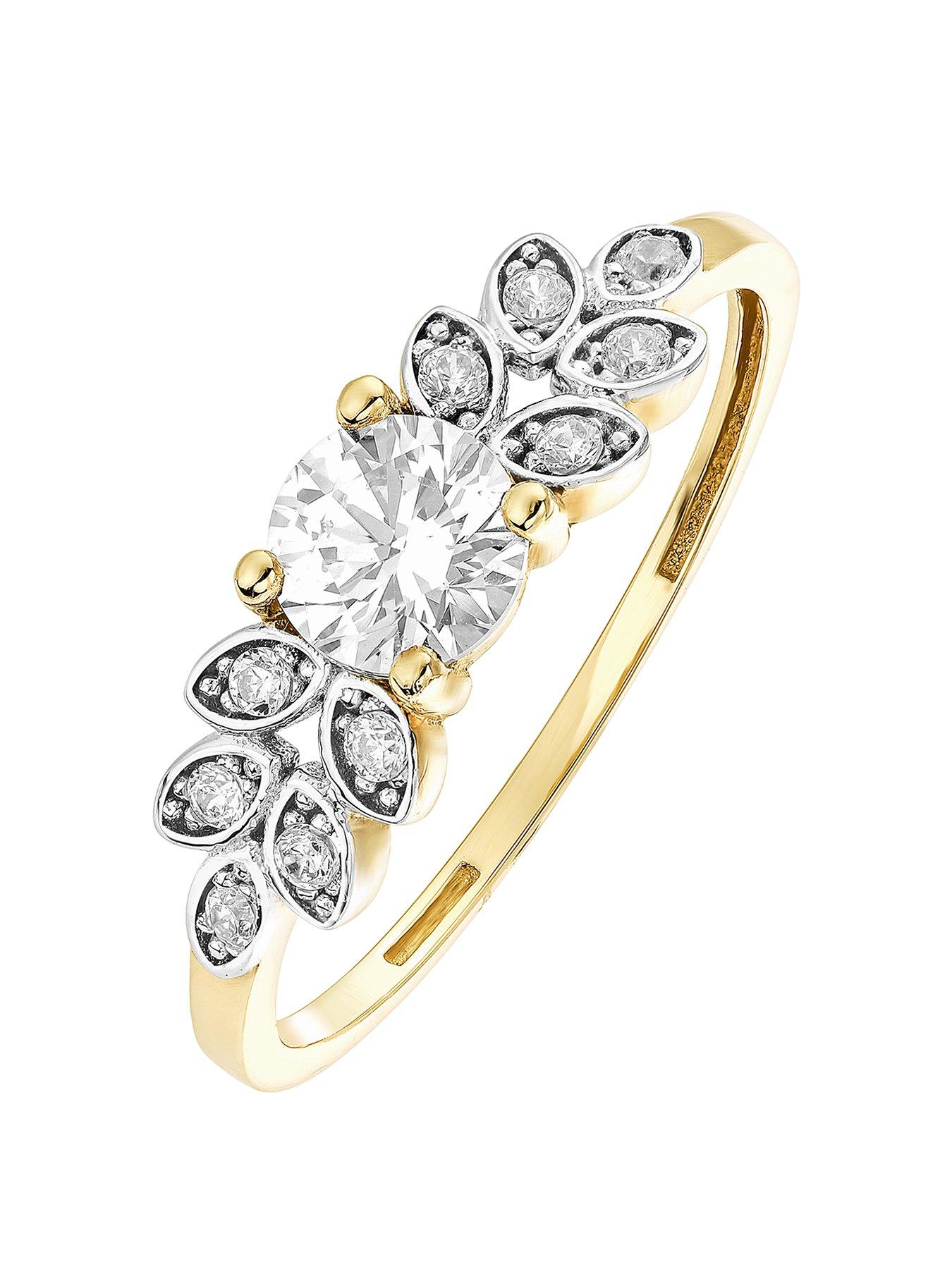 Product photograph of The Love Collection 9ct 2 Colour Yellow And White Gold Cubic Zirconia Leaf Shoulder Ring from very.co.uk