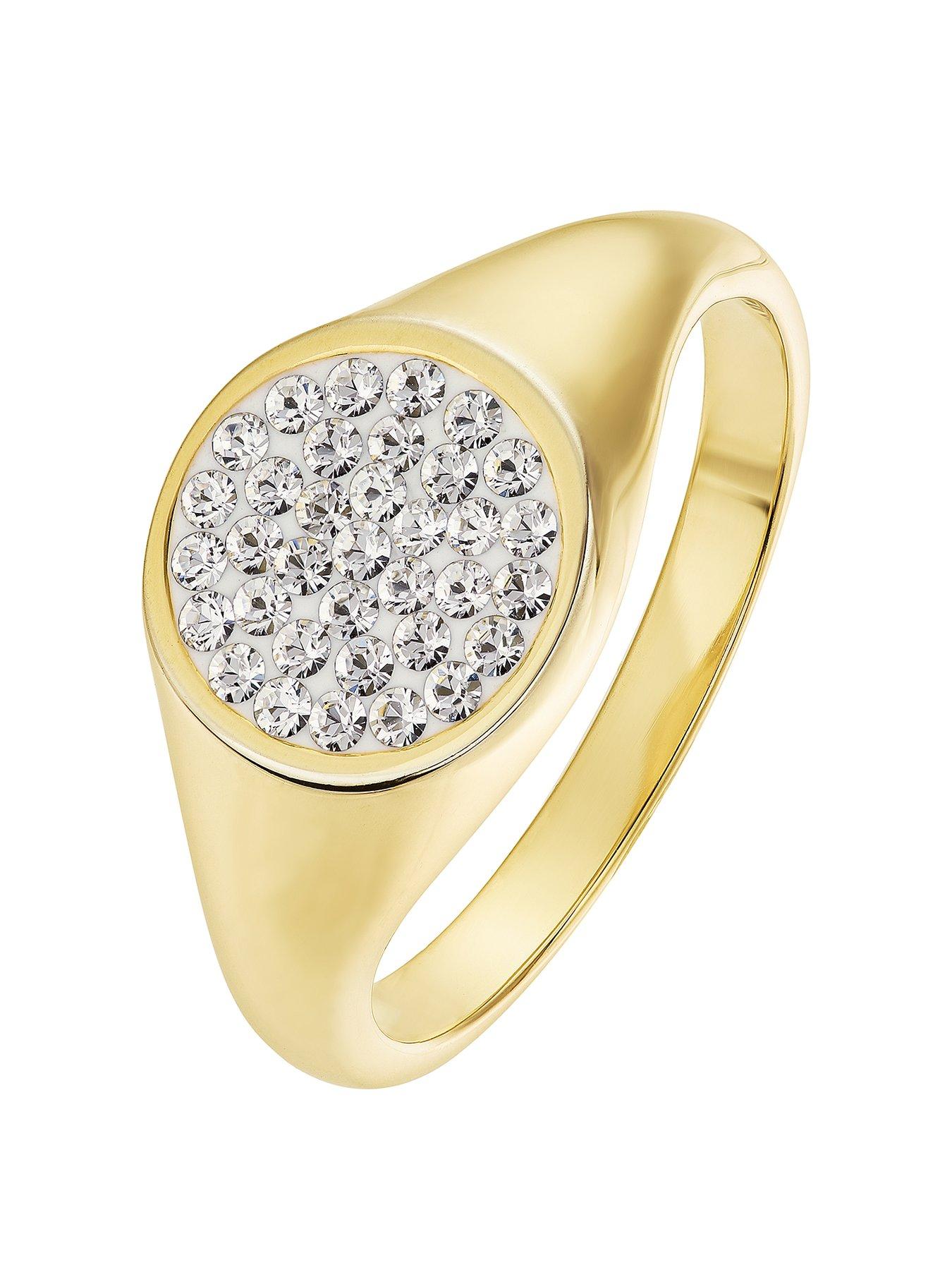  Evoke Sterling Silver Gold Plated Crystal Round Signet Ring