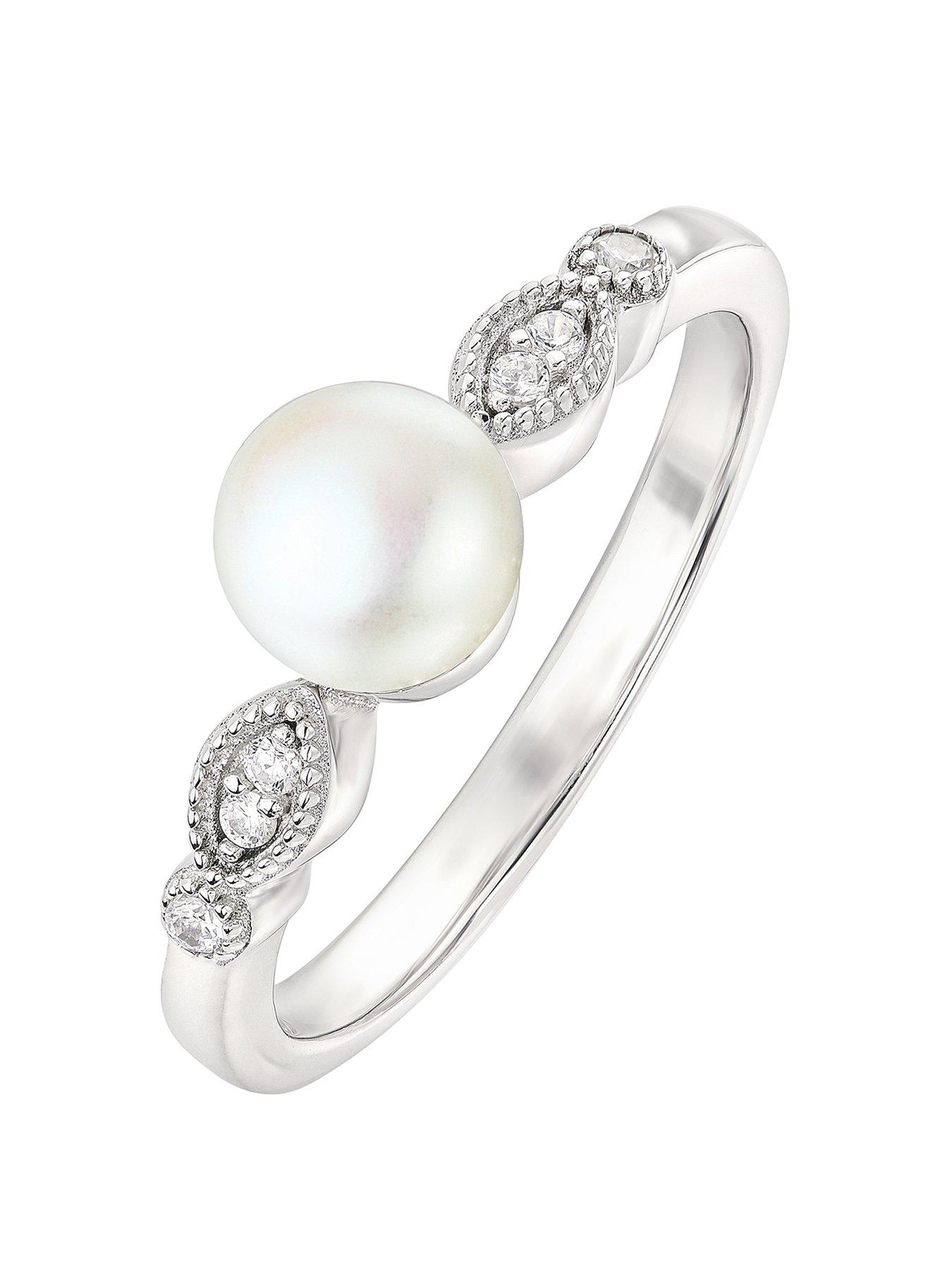 Women Sterling Silver Freshwater Pearl & Cubic Zirconia Vintage Ring
