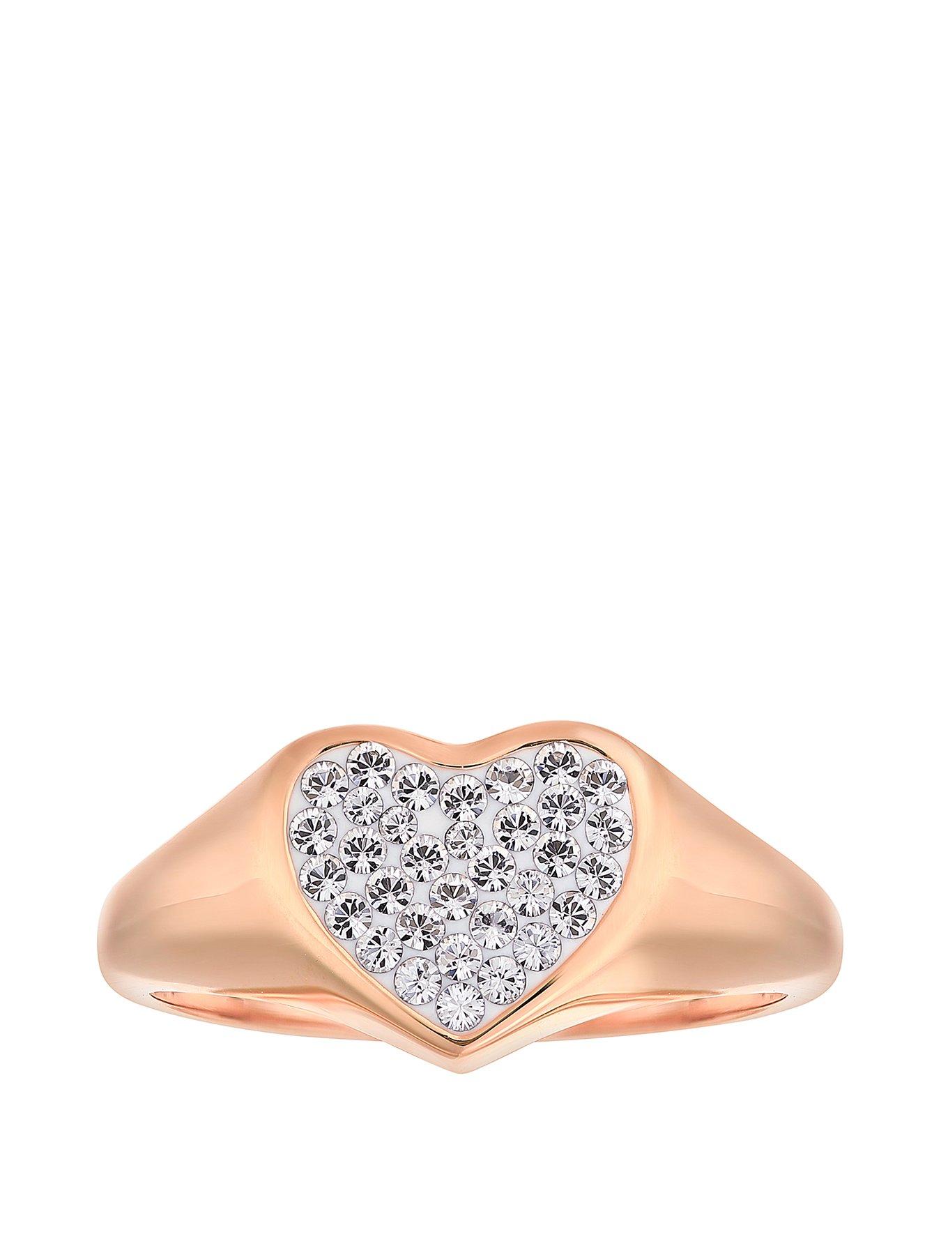 Women Sterling Silver Rose Gold Plated Crystal Heart Signet Ring