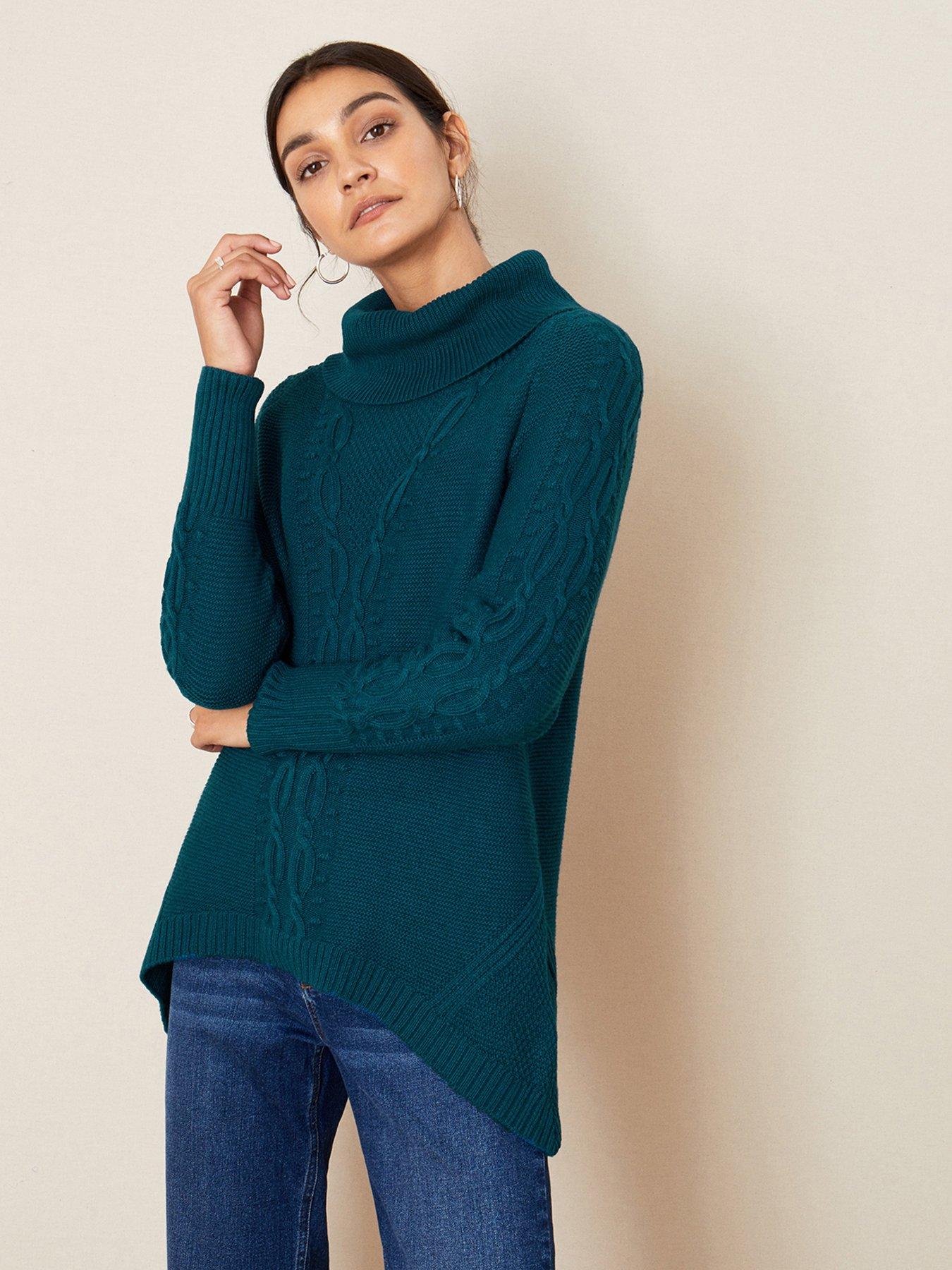 Women Roll Neck Cable Knit Jumper - Teal