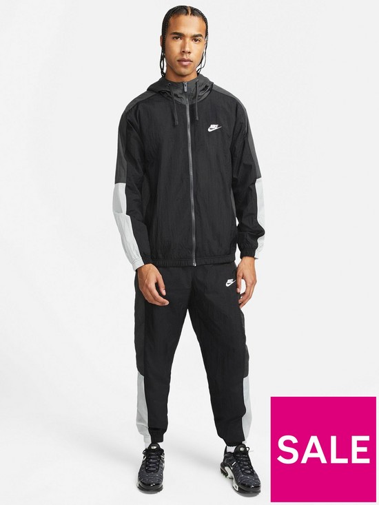 front image of nike-nsw-contrast-woven-hooded-tracksuit-blackgrey