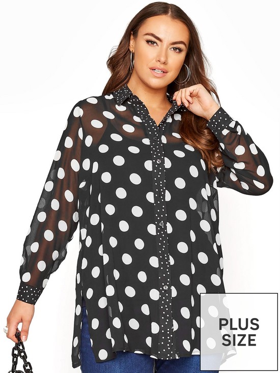 front image of yours-clothing-mixed-polkadot-long-line-boyfriend-shirt