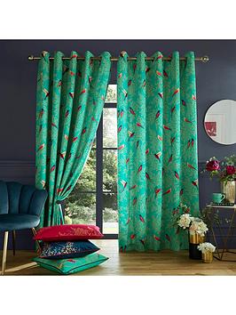 Product photograph of Sara Miller Green Birds Lined Eyelet Curtains from very.co.uk
