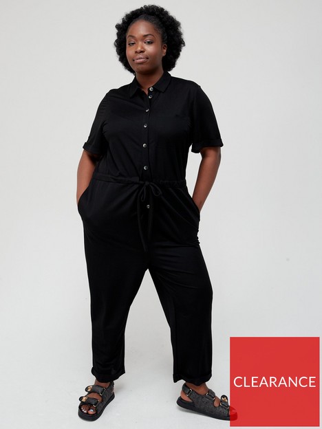 v-by-very-curve-button-front-short-sleeve-pique-jumpsuit-black