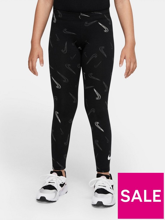 front image of nike-older-girls-nswnbspfavourite-all-over-print-tightsnbsp--black