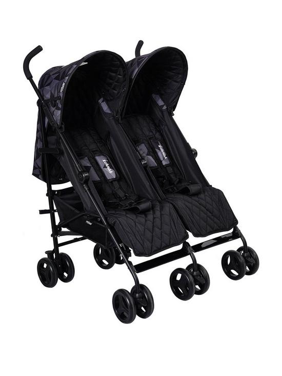 front image of my-babiie-dani-dyer-cherish-black-geo-twin-stroller
