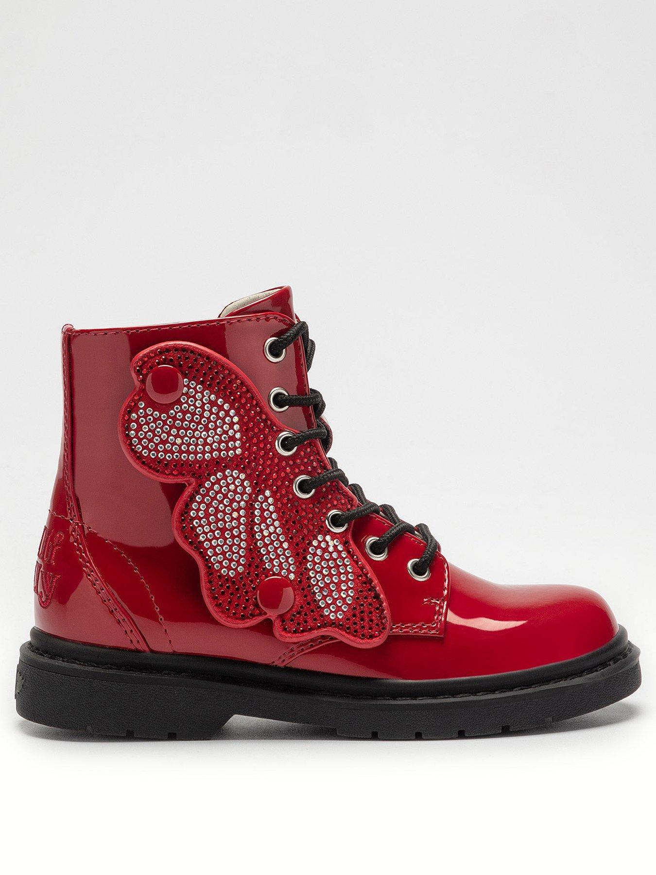  Diamond Wings Patent Ankle Boots - Red