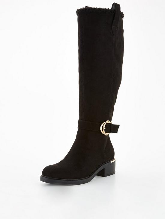 front image of v-by-very-may-buckle-trim-knee-high-boot-with-faux-fur-black