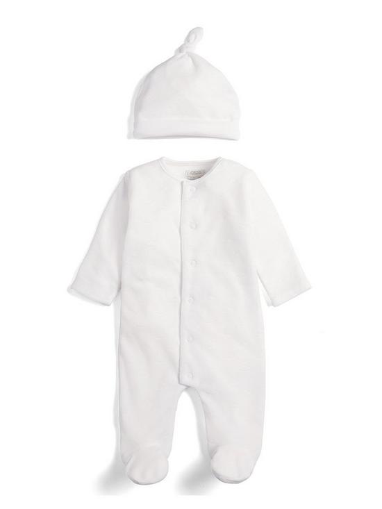 front image of mamas-papas-unisex-baby-cloud-velour-sleepsuit-with-hat-white