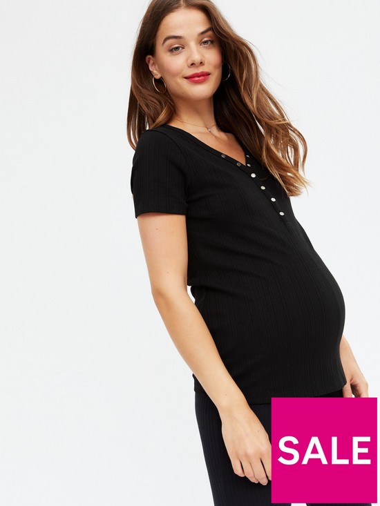 front image of new-look-maternity-ribbednbspshort-sleeve-popper-tee-black