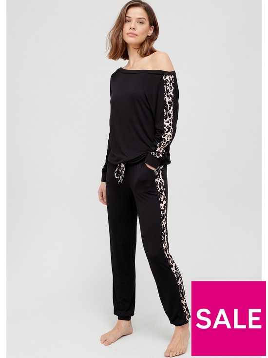 front image of v-by-very-animal-side-stripe-slouchy-lounge-pyjamas-black