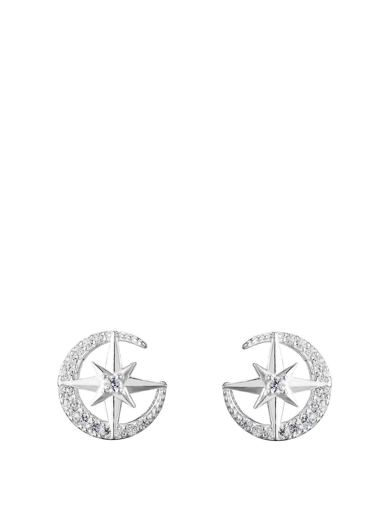 The Love Collection Sterling Silver  &  Cubic Zirconia Moon  &  Star Stud Earrings