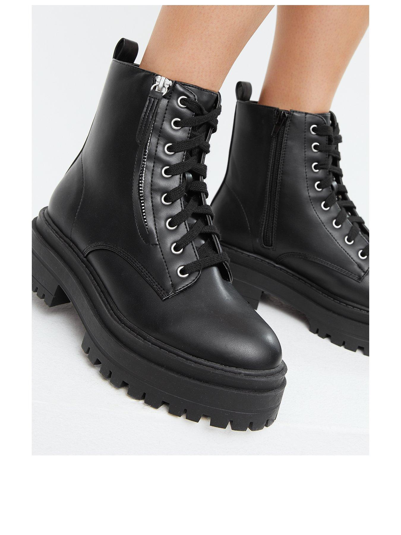 Women Zip Side Lace Up Chunky Boots - Black