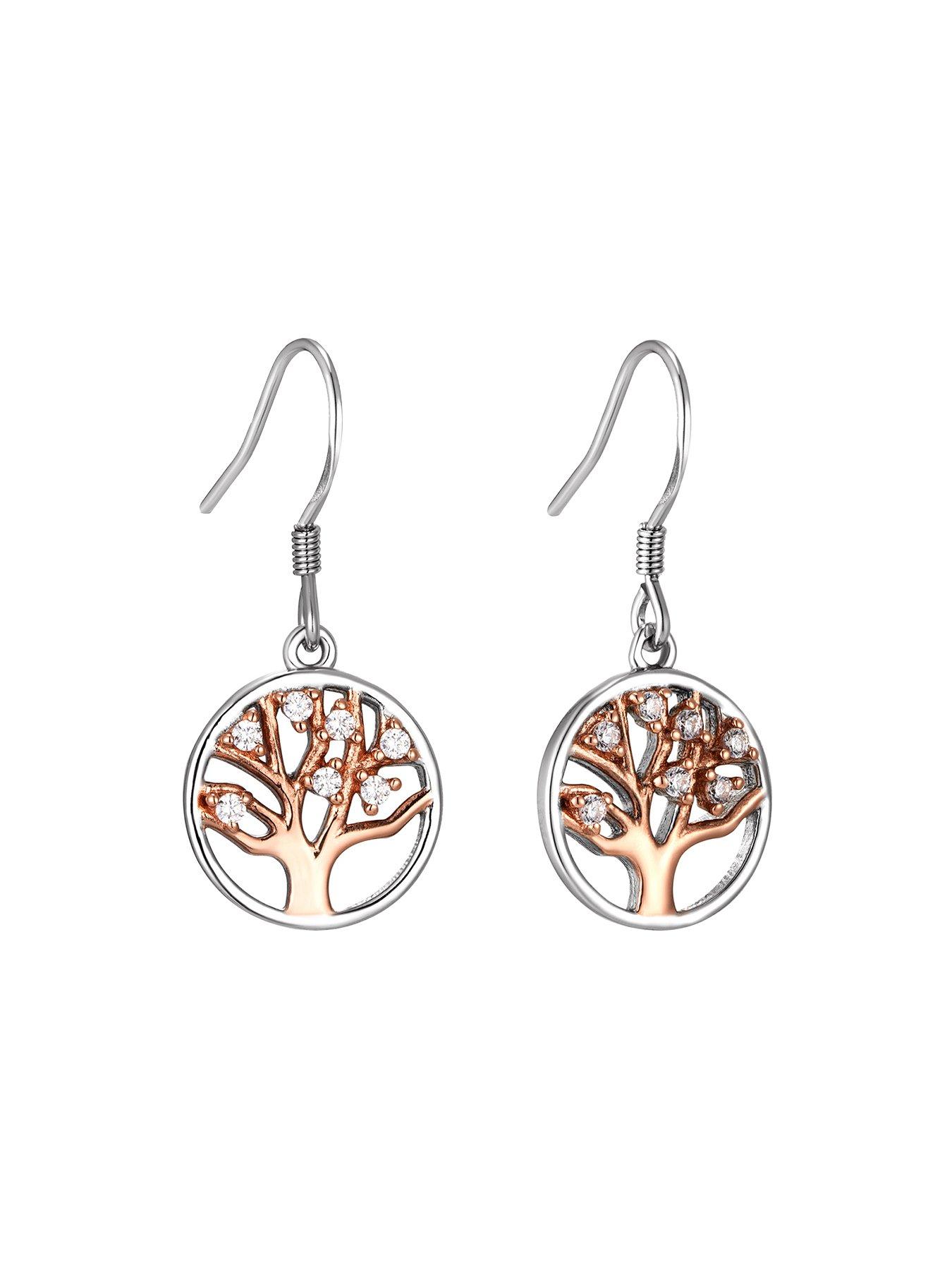 The Love Silver Collection Sterling Silver Rose Gold Plated Tree Of Life Cubic Zirconia Earrings Very
