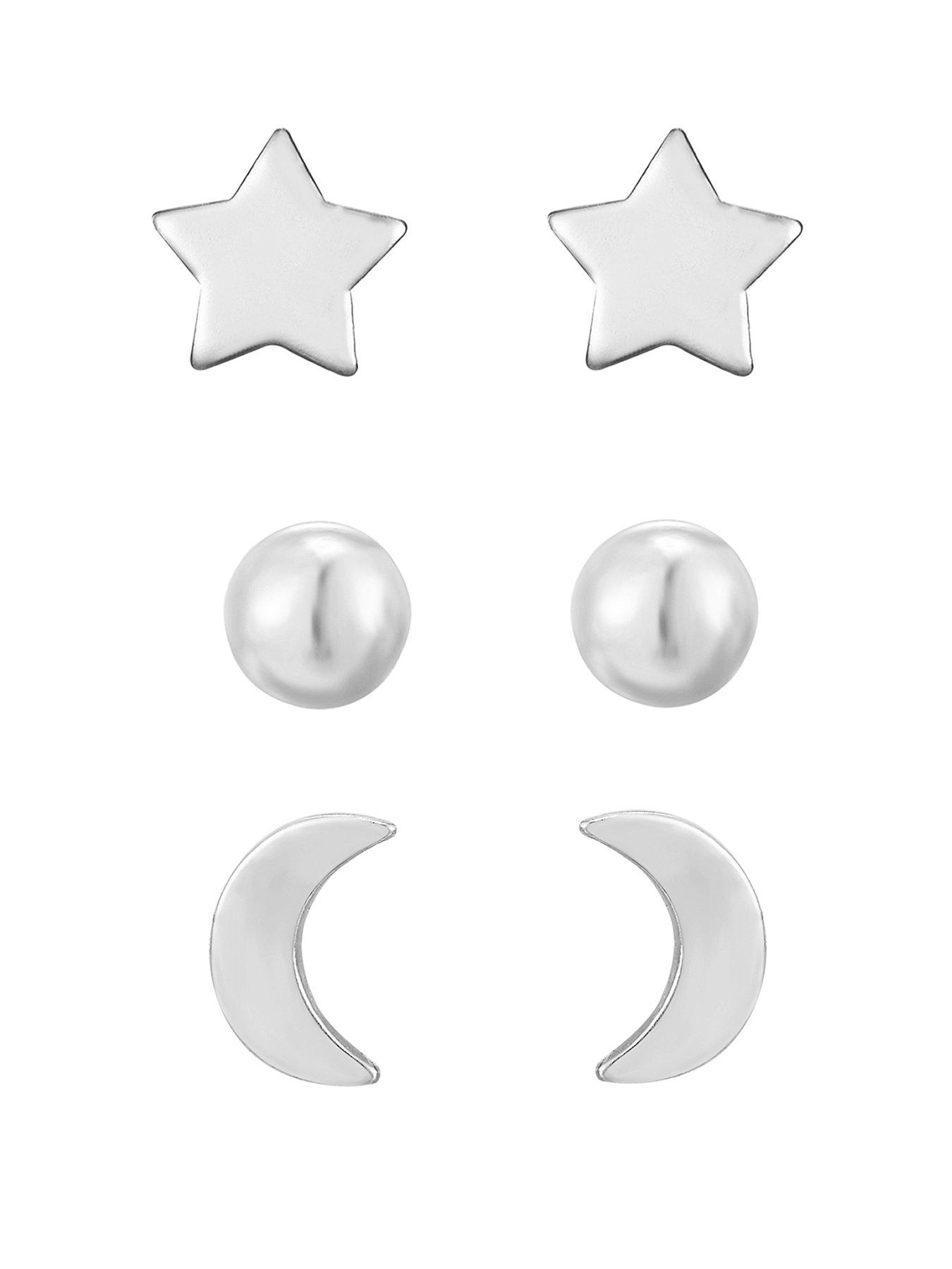 Product photograph of The Love Silver Collection Sterling Silver 3 Pack Moon Star Ball Stud Earrings from very.co.uk