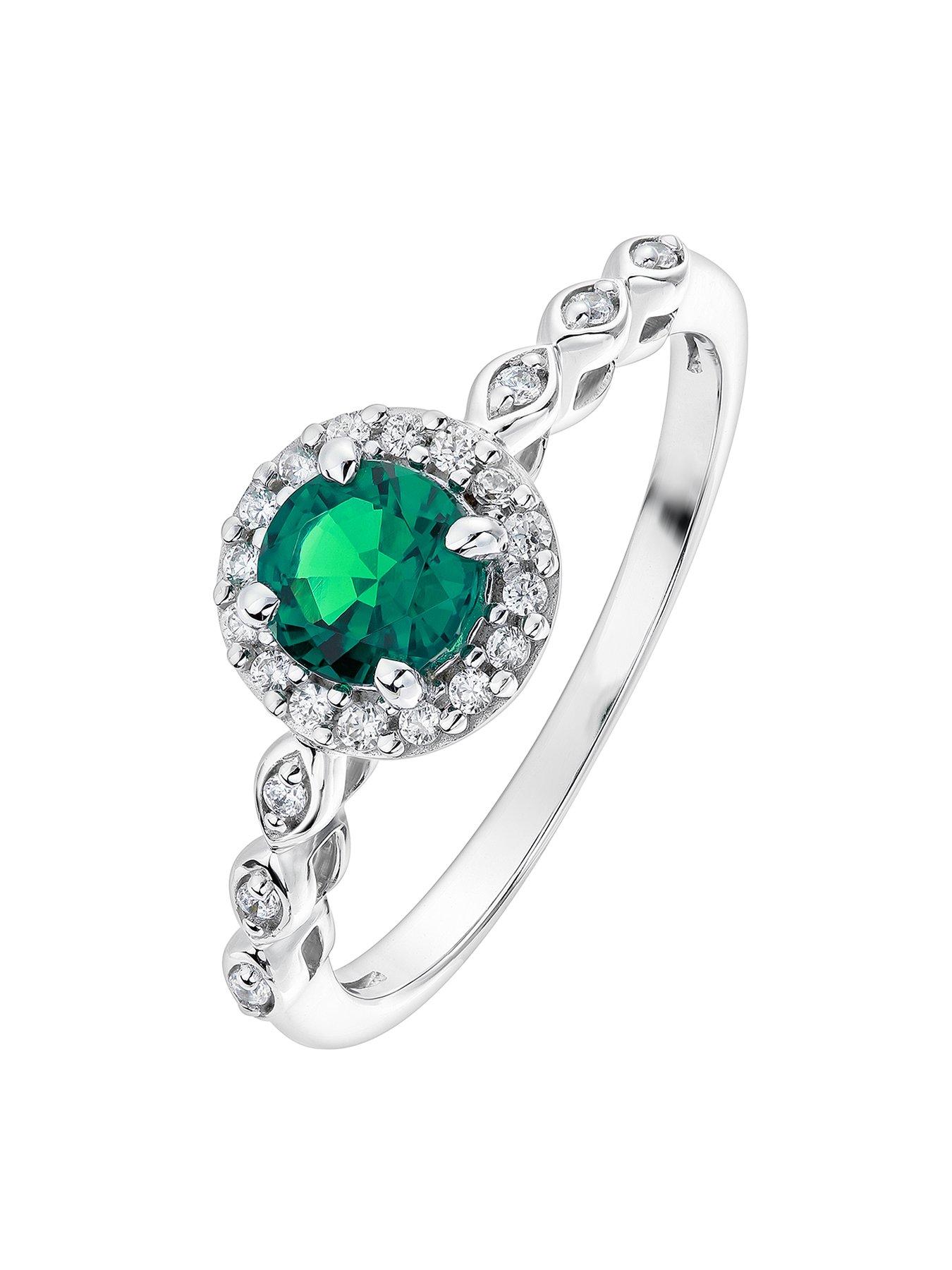  Arrosa 9ct White Gold 5mm Created Emerald and 0.10ct Diamond Ring