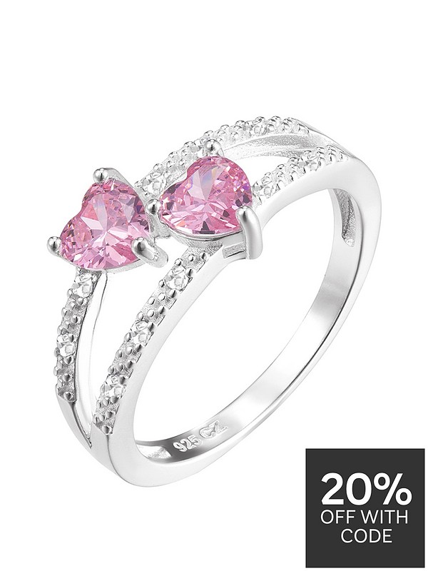 Sterling Silver & Pink Heart Cubic Zirconia Double Row Ring