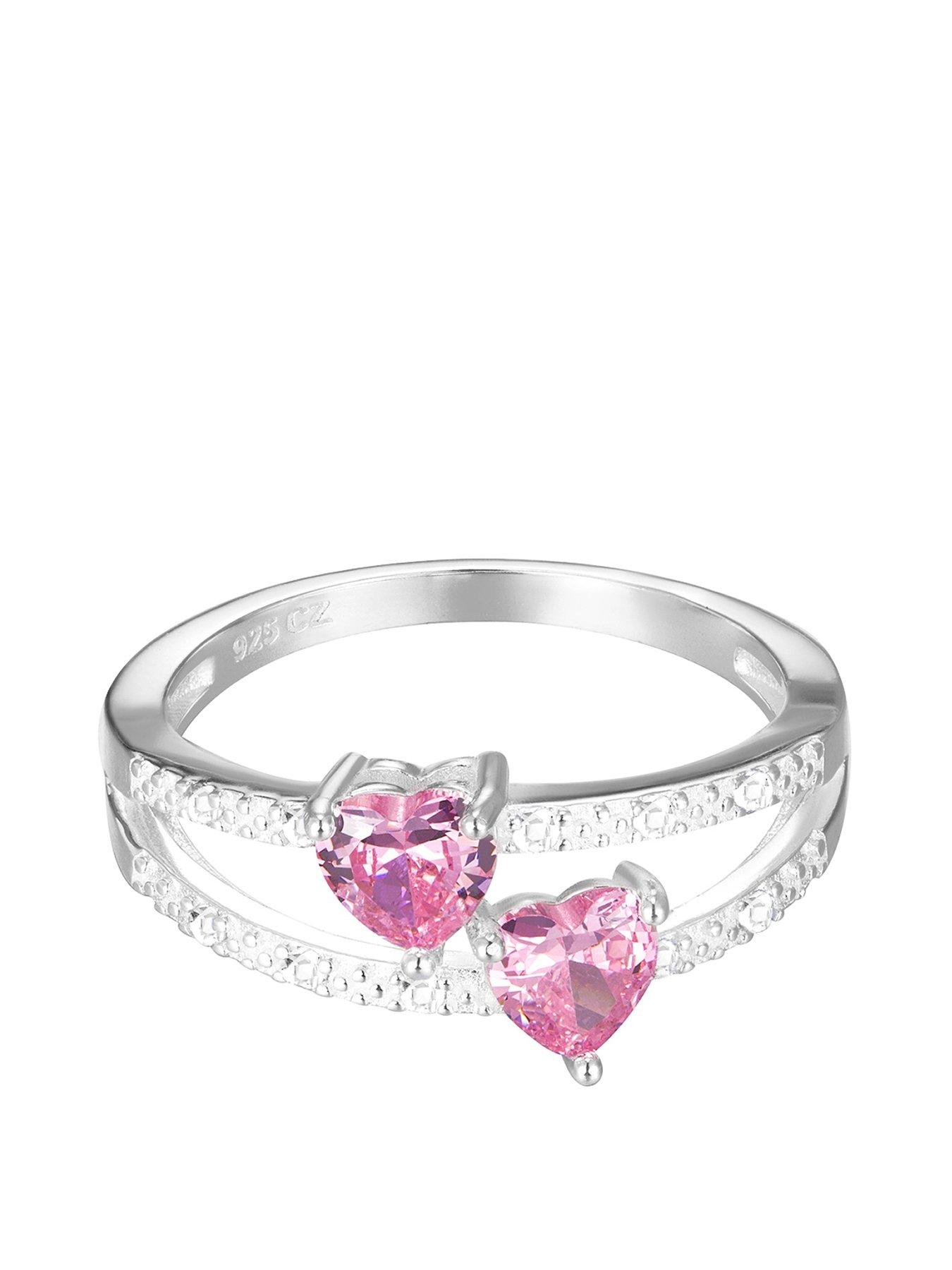 Sterling Silver & Pink Heart Cubic Zirconia Double Row Ring