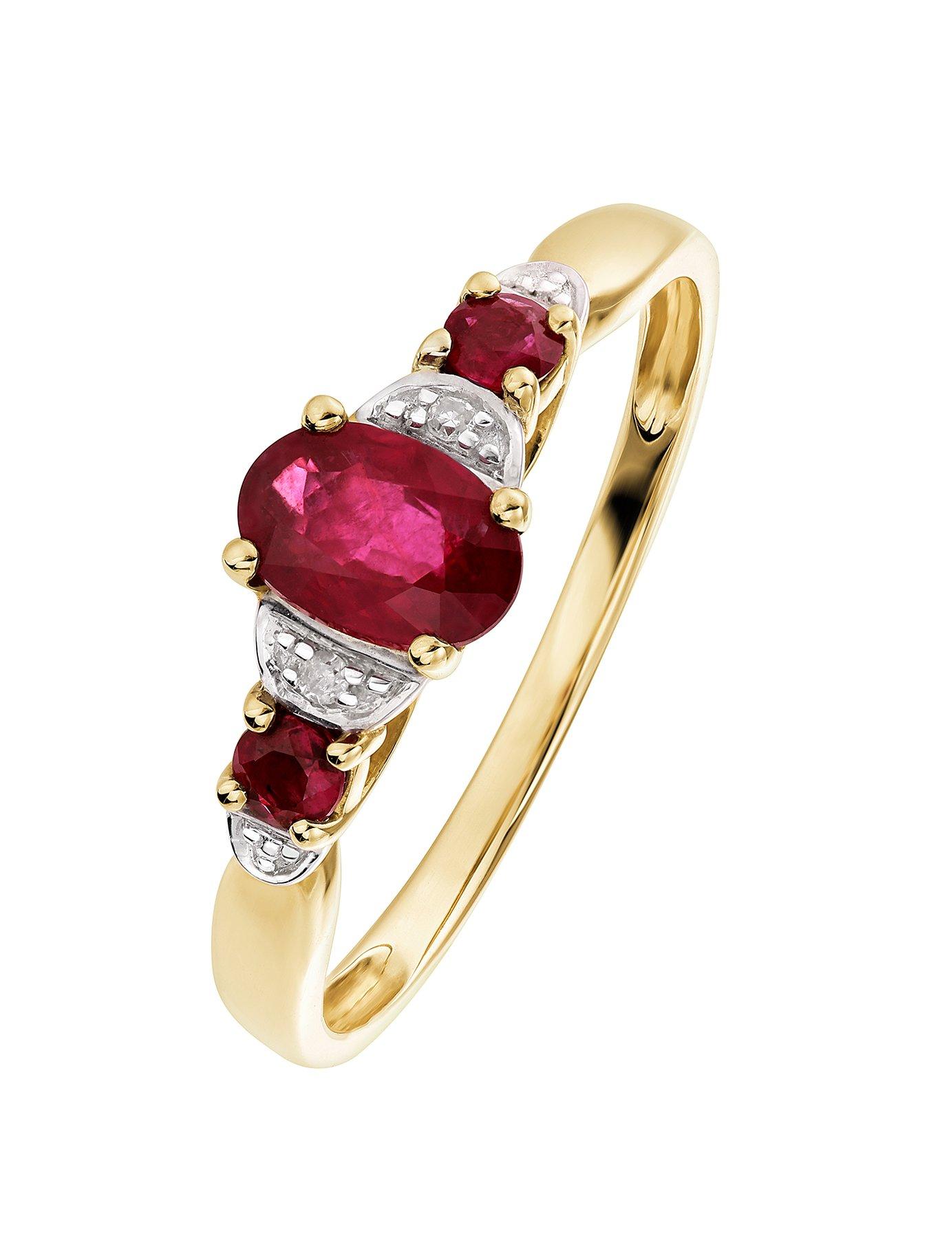 Jewellery & watches 9ct Yellow Gold 4*6mm Treated Ruby and Diamond Ring
