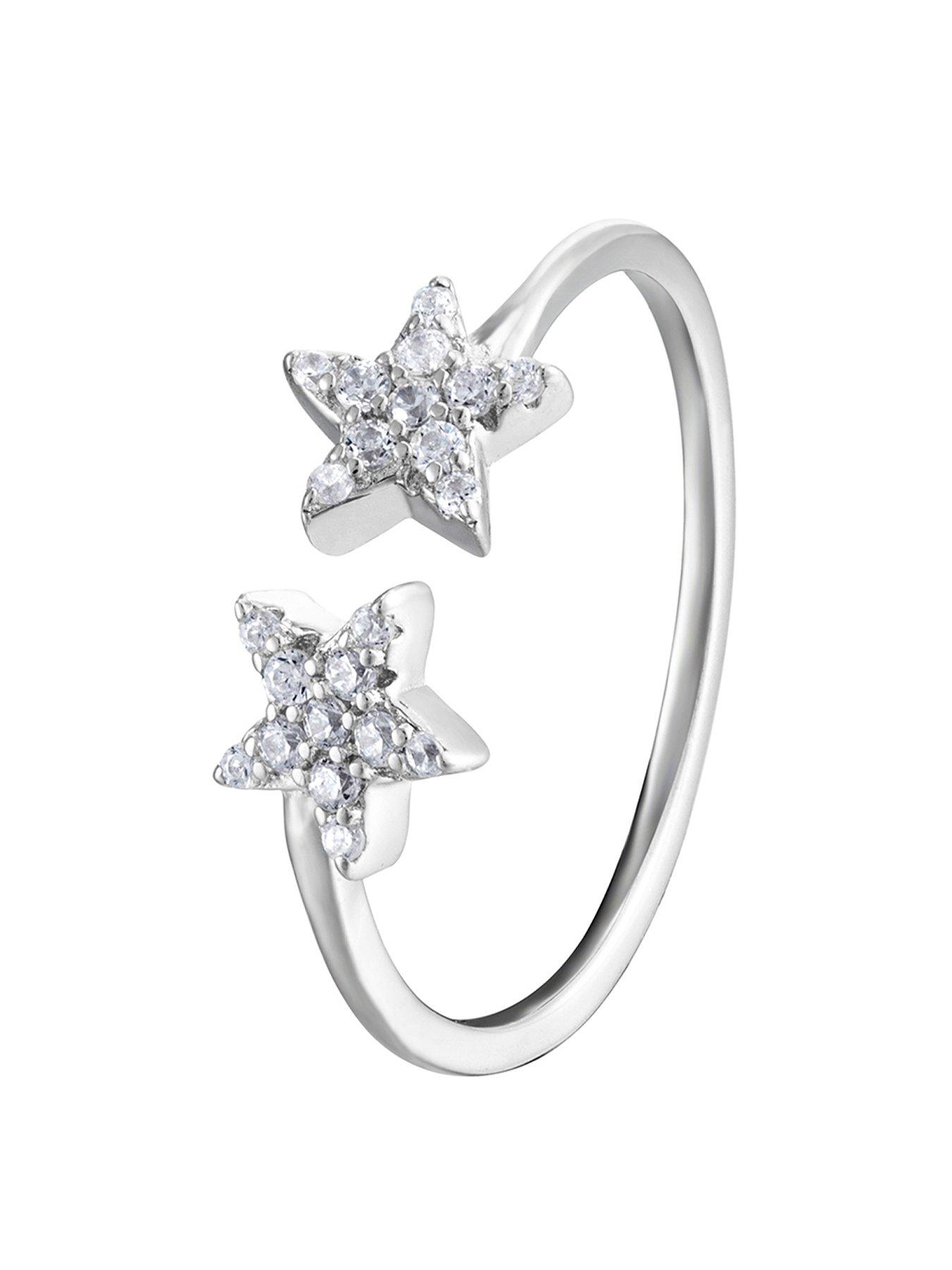 Product photograph of The Love Silver Collection Sterling Silver Double Star Cubic Zirconia Ring from very.co.uk