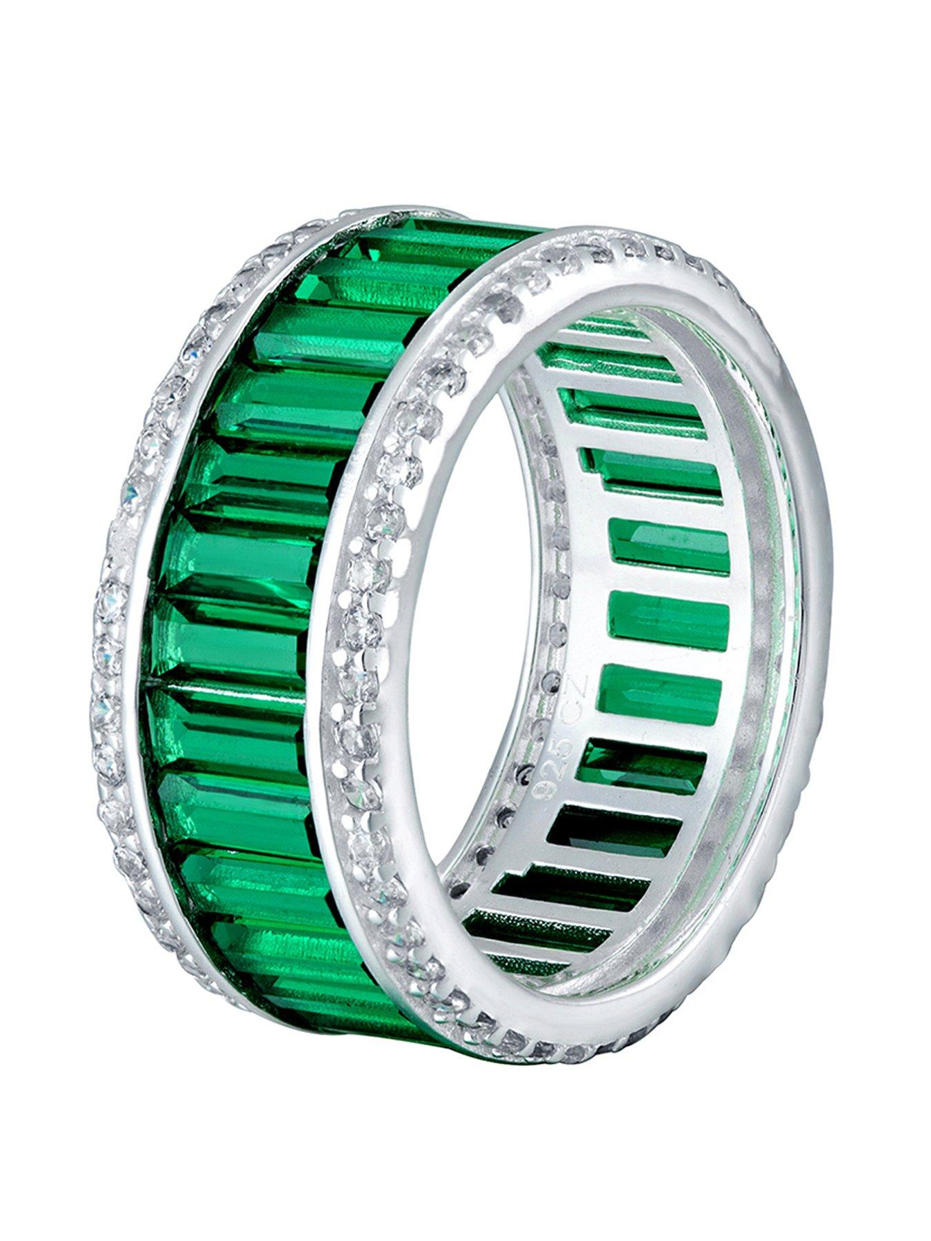 Product photograph of The Love Silver Collection Sterling Silver Green Baguette Cubic Zirconia Dress Ring from very.co.uk