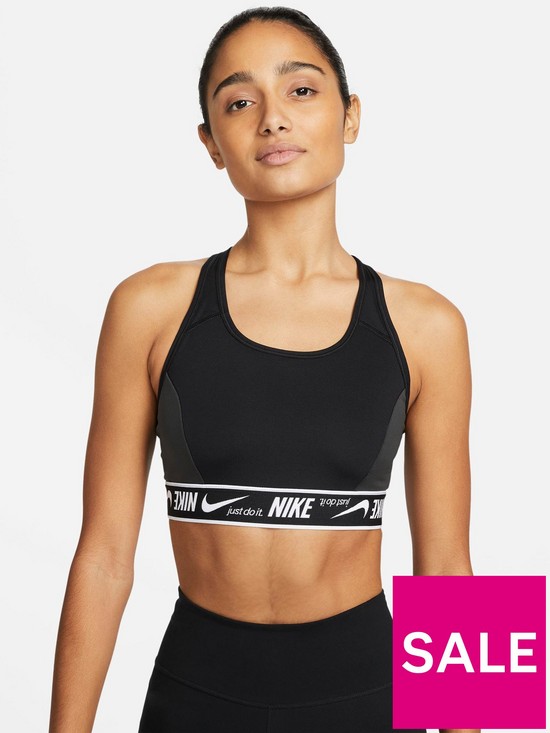 front image of nike-swoosh-medium-support-logo-bra-black