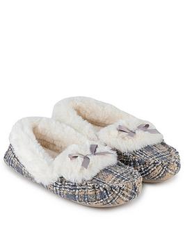 totes-brushed-check-moccasin-slipper-grey