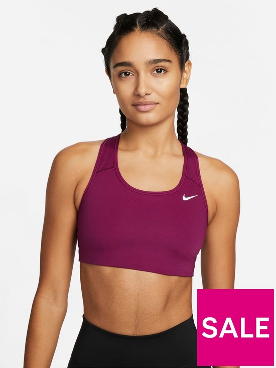 front image of nike-medium-support-swoosh-sports-bra-purple