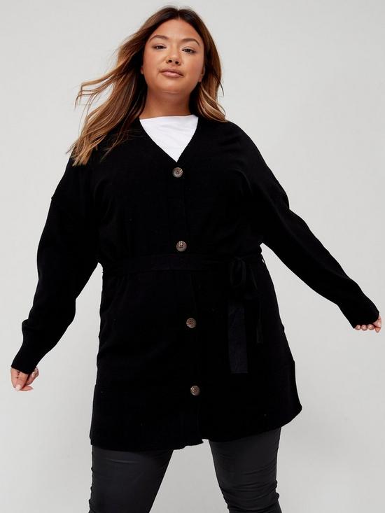 front image of v-by-very-curve-knitted-lightweight-belted-cardigan-black