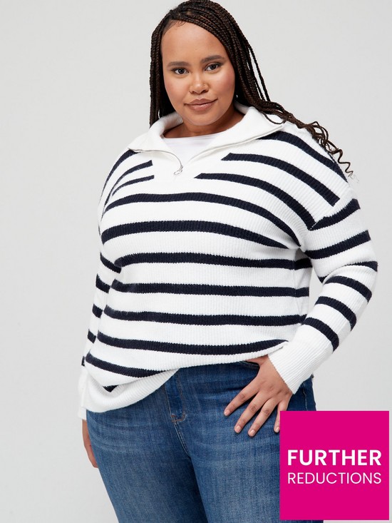 front image of v-by-very-curve-knitted-stripe-quarter-zip-funnel-jumper-ivorynavy