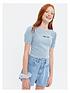  image of new-look-915-girls-pale-blue-fine-knit-puff-sleeve-logo-top