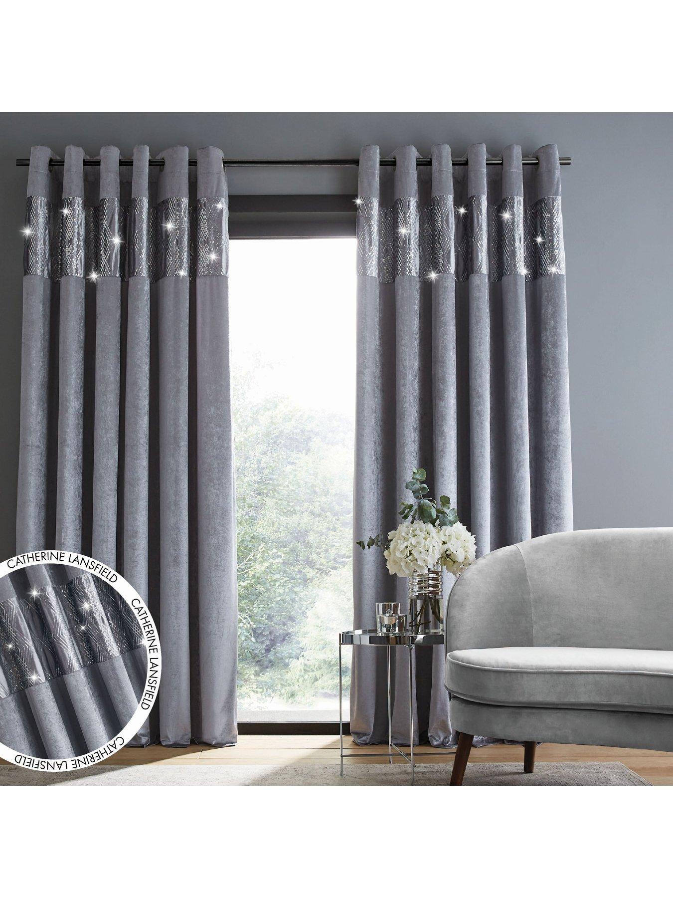 Catherine Lansfield Crushed Velvet Glamour Sequin Fully Lined Eyelet Curtains In Grey